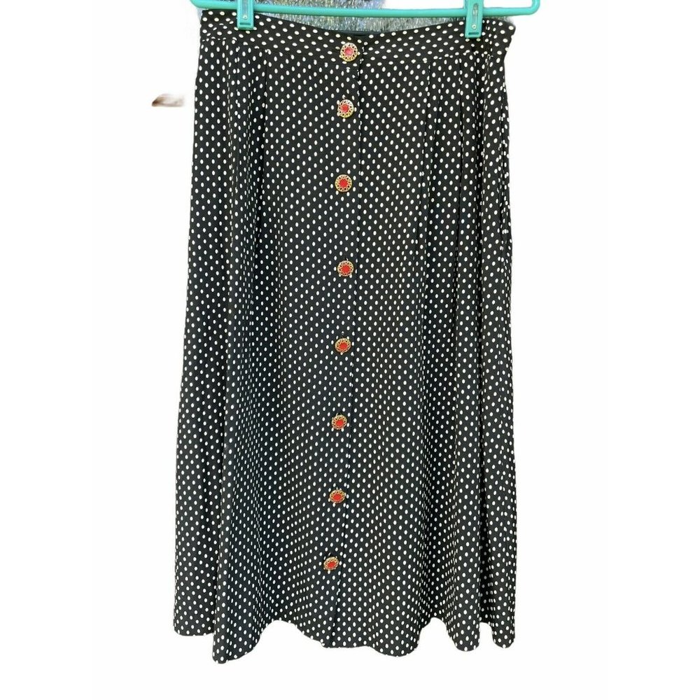 Vtg Skirt Black White Polka Dot Pleated Midi A-Line Tennis Shape